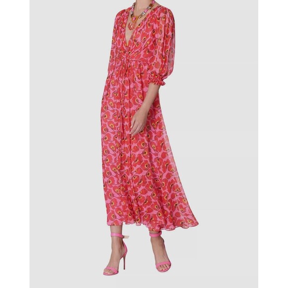 NWT. $2690 Carolina Herrera Silk Floral V-Neck Waist-Tie Midi Dress Sz 6 - Picture 5 of 11